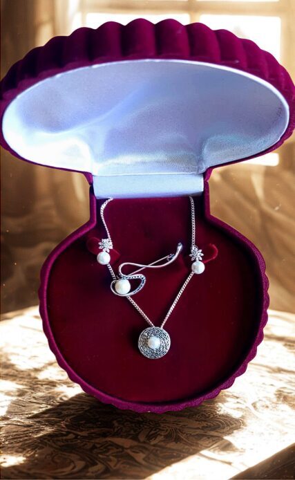 Silver jewelry gift set with pearl earrings, pendant, brooch and chain
